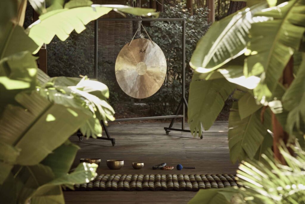 gong on a wooden patio